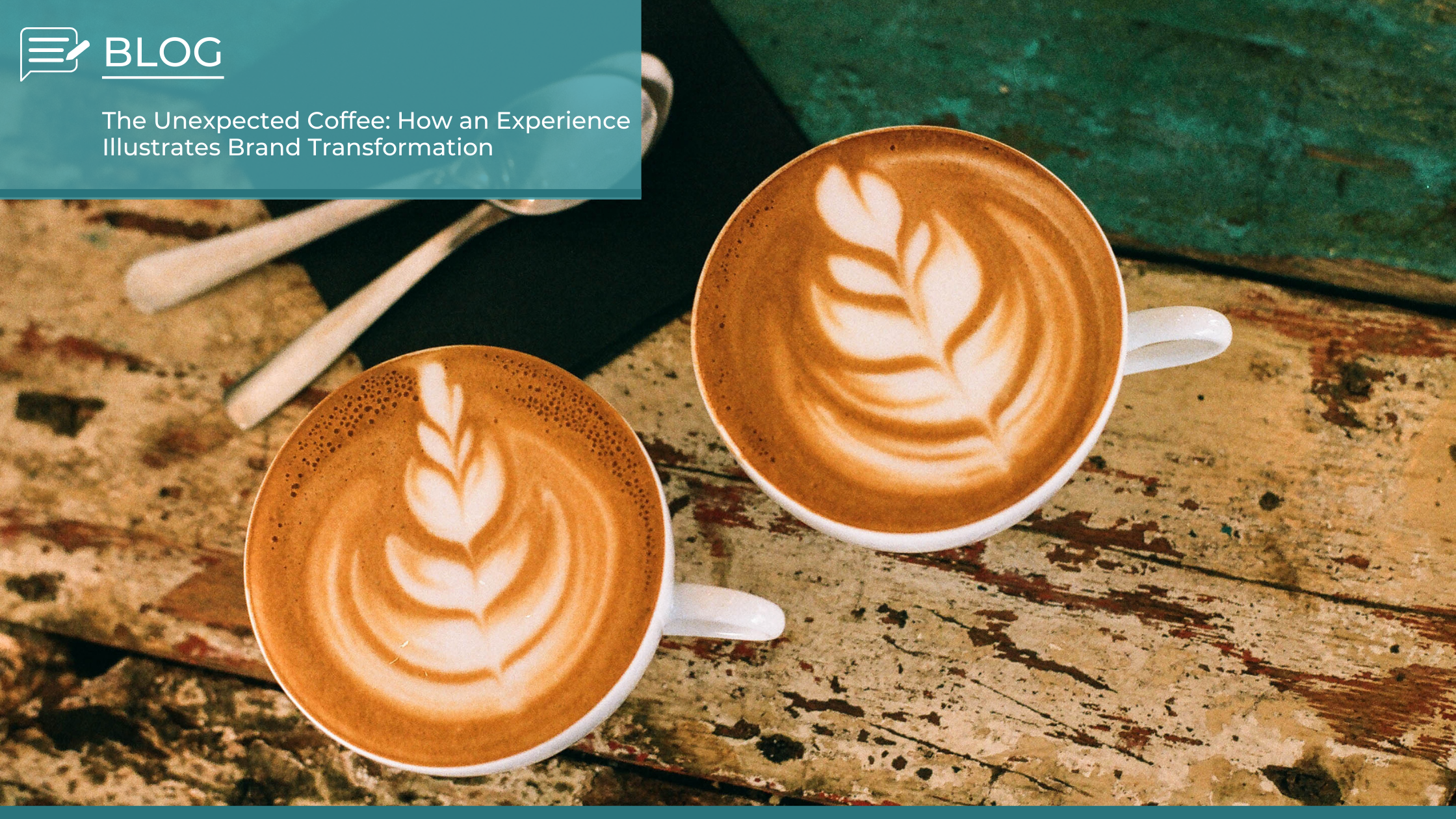 Two cappuccinos with latte art on a rustic wooden table, symbolising immersive brand experiences and transformation through storytelling.