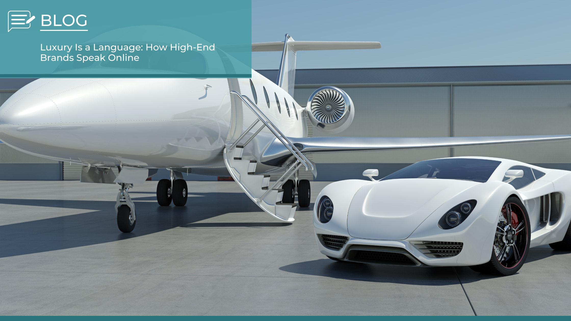 Private jet and luxury sports car parked on a runway, symbolising high-end branding and exclusivity online.